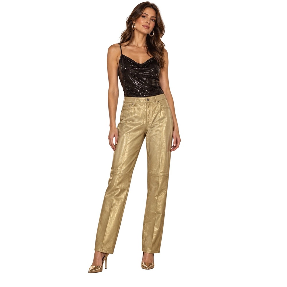 Vtg Y2K Nine West Gold Soft Leather Pants Straight Leg Glam Disco Size 14